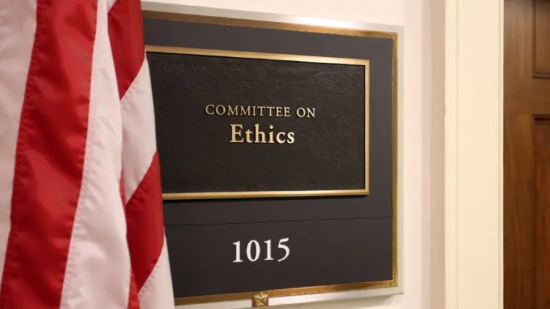 A sign at the entrance to a House Ethics Committee hearing room in Washington^ DC on July 18^ 2017. The House of Representatives is the lower chamber of the US Congress.