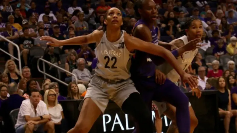 A'ja Wilson center for the Los Vegas Aces at Talking Stick Resort Arena in Phoenix^ Arizona USA June 10^2018.
