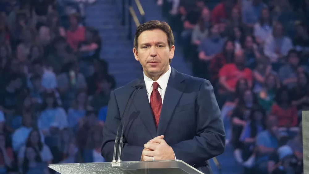 Florida Governor Ron DeSantis speaking at Lynchburg^ Virginia^ on April 14^ 2023.