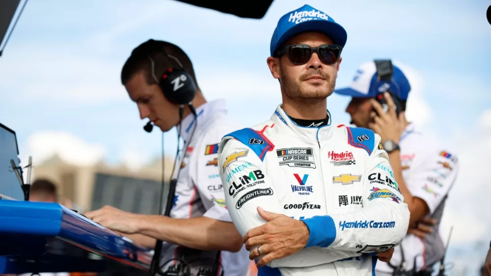 NASCAR Cup Driver^ Kyle Larson (5) takes to the track to qualify for the Quaker State 400 Available at Walmart at the Atlanta Motor Speedway in Hampton GA.