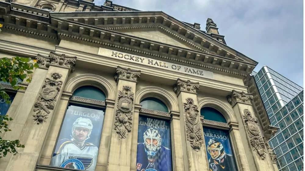 Exterior signage at the Hockey Hall of Fame in downtown Toronto. Toronto^ Ontario - October 7^ 2023