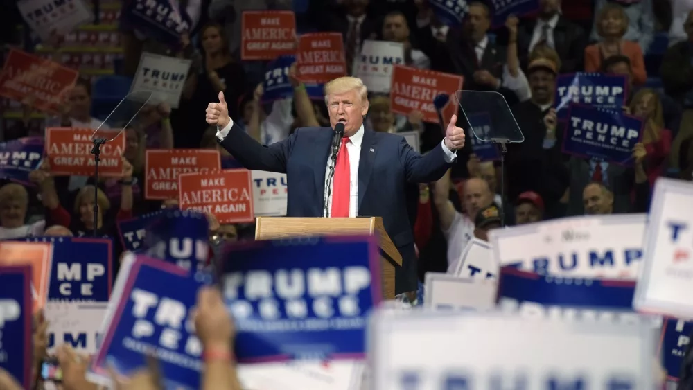 Republican Presidential nominee Donald Trump appears during a rally Oct. 10^ 2016^ at Mohegan Sun Arena in Wilkes-Barre^ Pennsylvania. WILKES-BARRE^ PENNSYLVANIA/USA – OCTOBER 10^ 2016