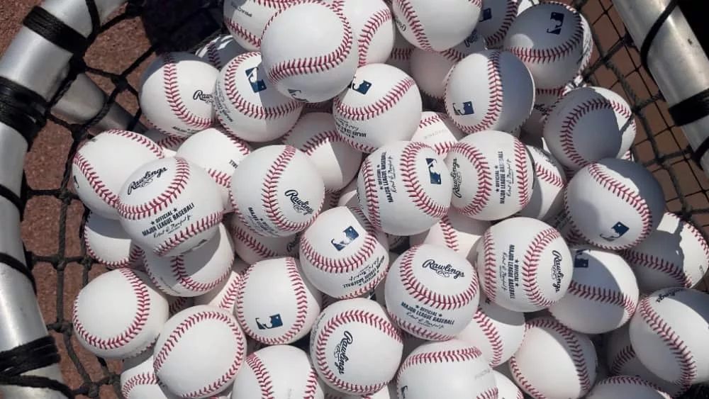 A bag of baseballs before a Major League Baseball game. July 04^ 2022 - Atlanta^ GA^ USA