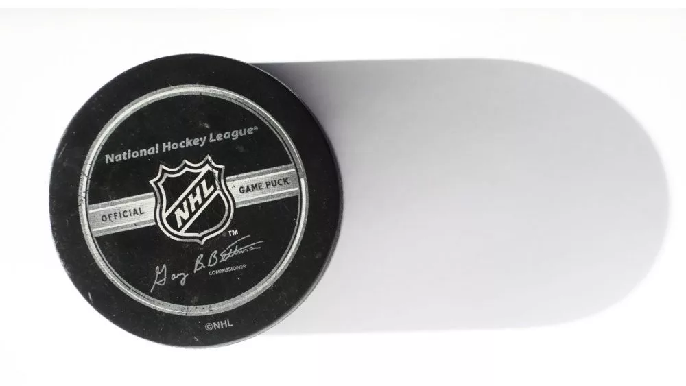 Official game puck from NHL^ National hockey league^ USA. MOTALA^ SWEDEN- 8 FEBRUARY 2022