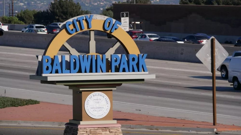Sign when entering the city of Baldwin Park^ California. Baldwin Park^ California^ USA. October 13^ 2020