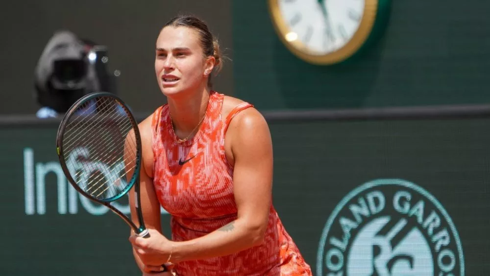 Grand Slam champion Aryna Sabalenka of Belarus in action during 2024 Roland Garros women's fourth round match against Emma Navarro of United States in Paris^ France PARIS^ FRANCE - JUNE 3^ 2024