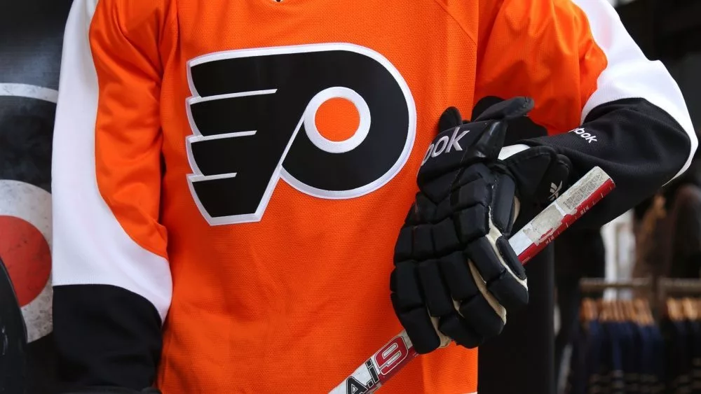 Philadelphia Flyers Uniform on display at NHL store in Midtown Manhattan.