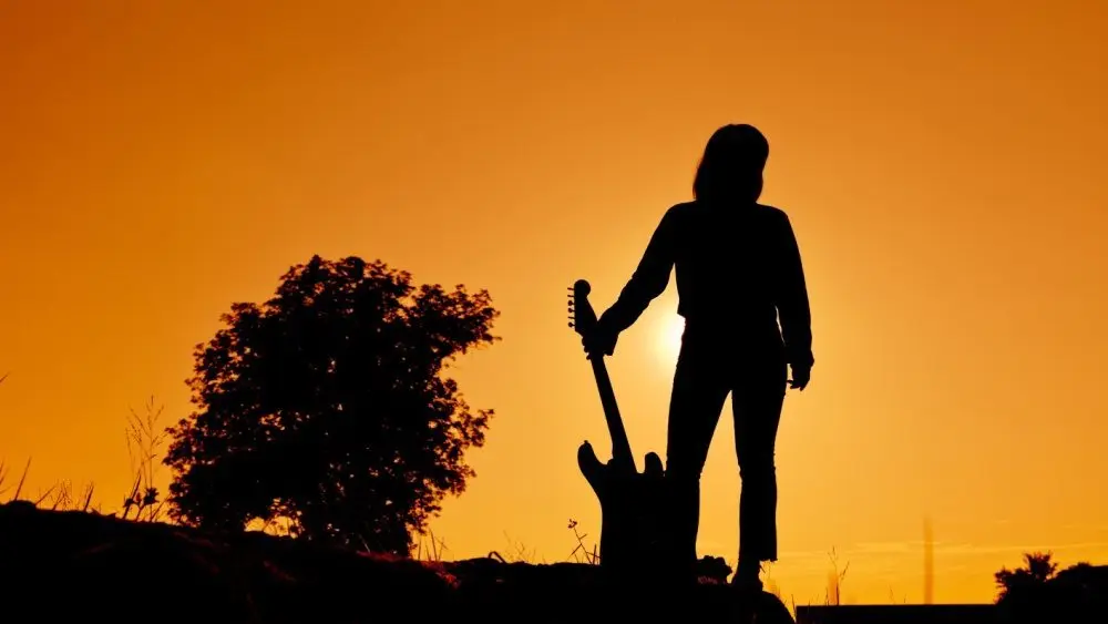 Silhouette Hipster woman with guitars in the meadow.