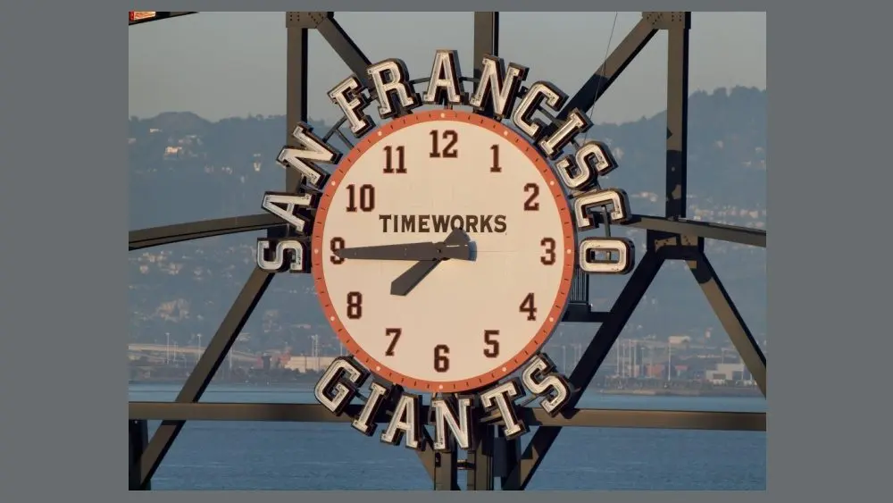 San Francisco Giants Scoreboard Clock by TimeWorks displaying the time of about 7:45pm during a game at ATT Park in San Francisco^ California. San Francisco - May 11^ 2010