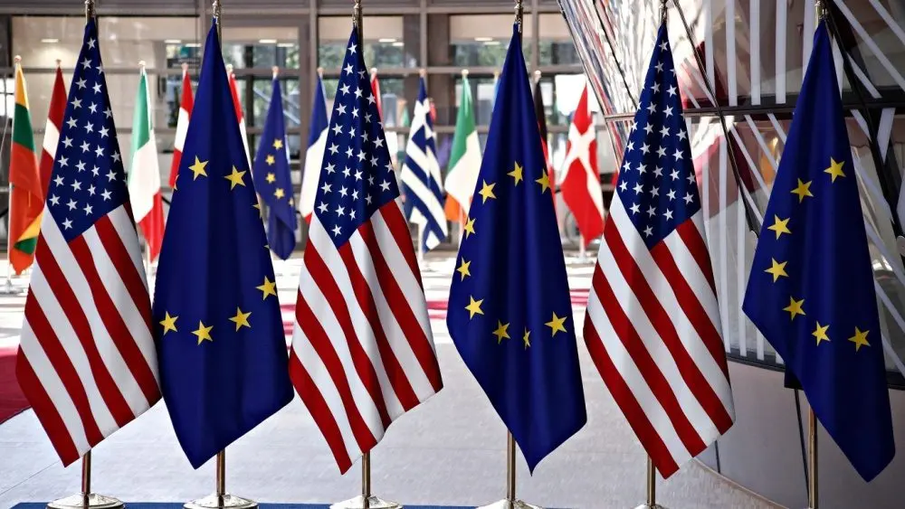 European and US flags in European Council in Brussels^ Belgium on May 25^ 2017.