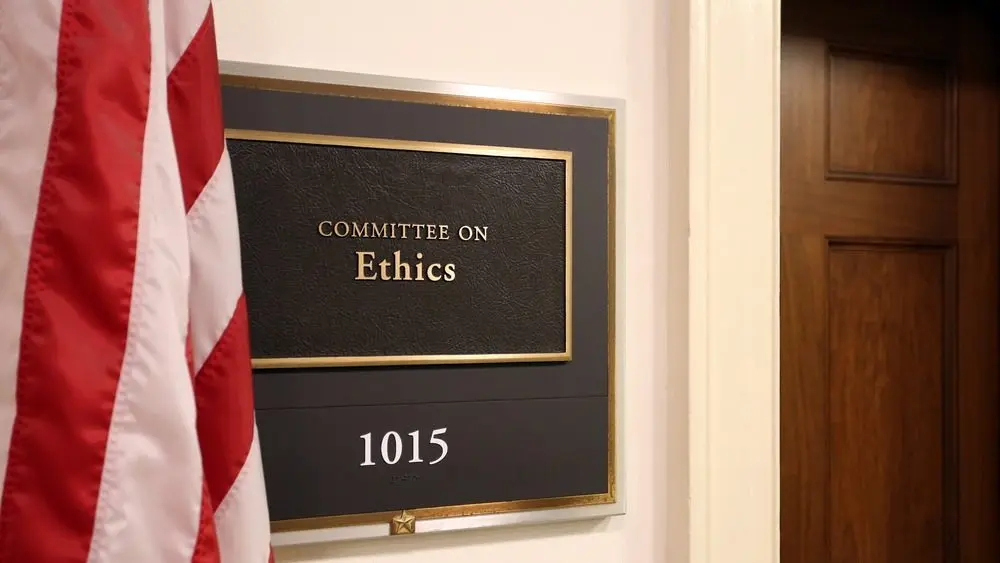 A sign at the entrance to a House Ethics Committee hearing room in Washington^ DC on July 18^ 2017. The House of Representatives is the lower chamber of the US Congress.