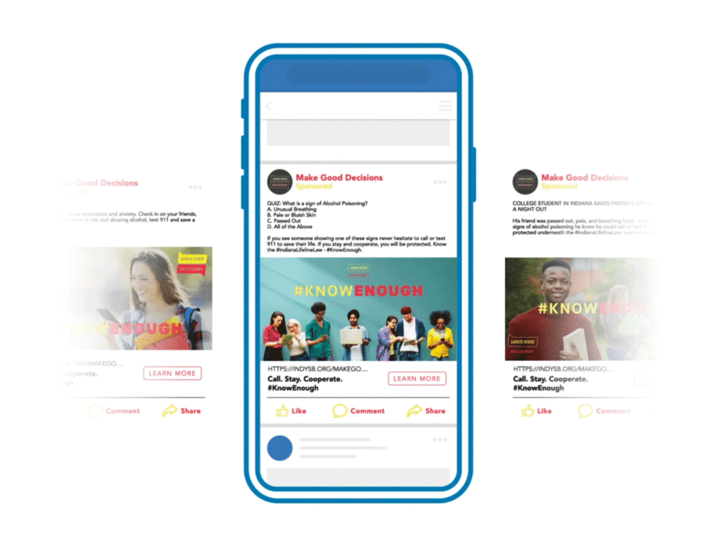 blue phone icon scrolling through various IYSA Know Enough facebook ads