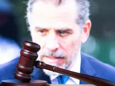 Hunter Biden ^court session. Judicial Hammer on the background of the photo.