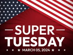 Super Tuesday 2024 presidential election backdrop concept with American flag and typography under it.
