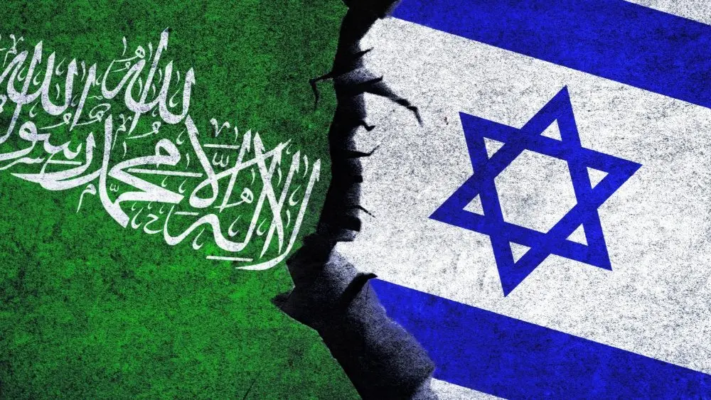 Israel vs Hamas concept flags on a wall with a crack. Hamas and Israel political conflict^ economy^ war crisis^ relationship^ trade concept