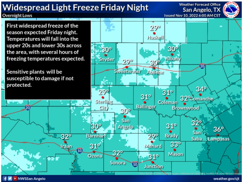 FREEZE WARNING Issued for Brown and Area Counties