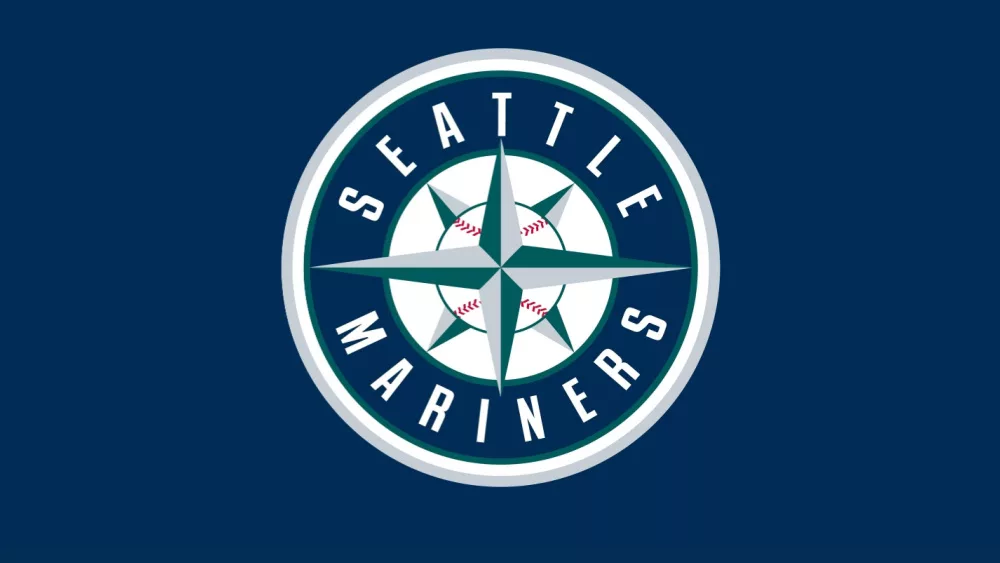 Seattle Mariners logo^ MLB Team^ Major League Baseball^ American League West Division^ with blue background