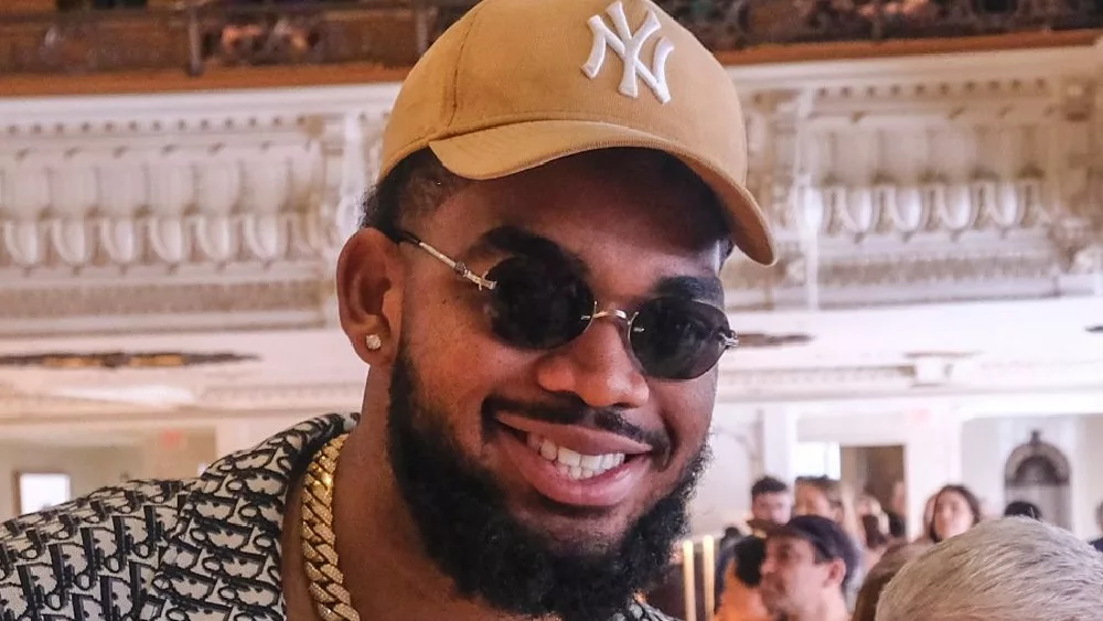 Karl-Anthony Towns at the Apple Tower Theatre flagship retail store on Broadway Theatre District in Los Angeles^ June 24^ 2021.