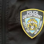 NYPD Police patch on black jacket uniform close up