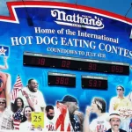 Nathan's hot dog eating contest countdown clock at Coney Island^ New York. The original Nathan's still exists on the same site that it did in 1916. BROOKLYN^ NEW YORK