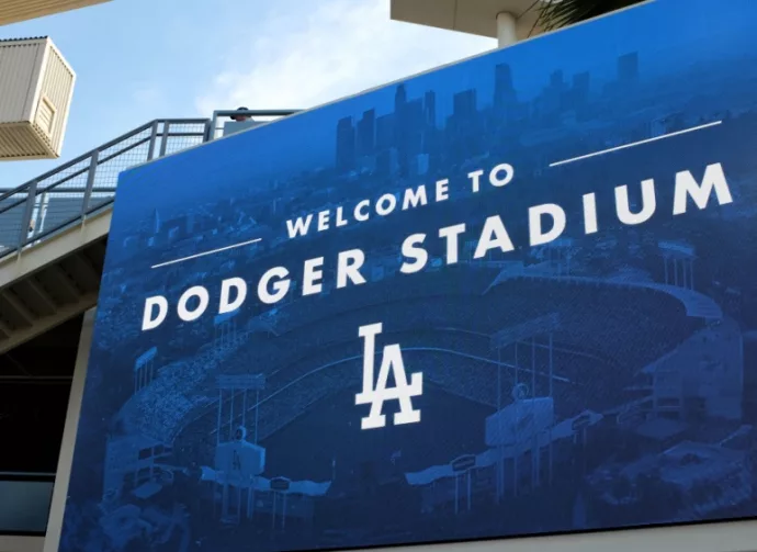 LOS ANGELES^ CALIFORNIA^ 29 JUNE 2021: Closeup of the Welcome sign in the Outfield Plaza of Dodger Stadium.