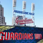 Scoreboard in the outfield at Progressive Field shows the Cleveland Guardians. Cleveland^ OH - June 30^ 2022