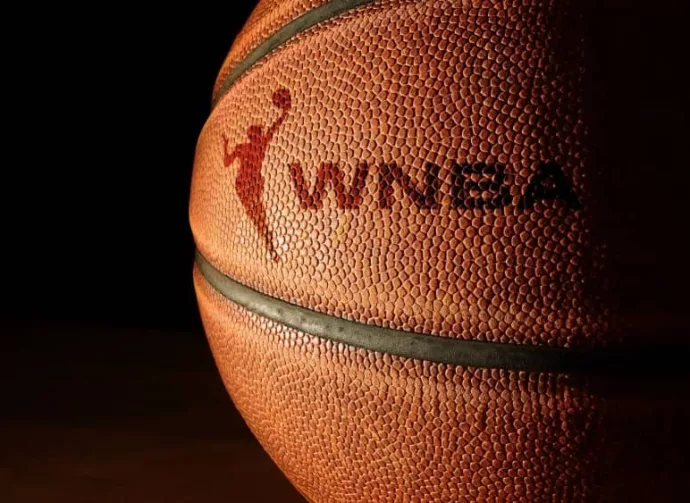 Closeup of a basketball with the WNBA logo and text