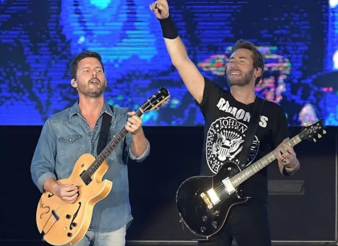 Guitarists Chad Kroeger and Ryan Peake of Canadian rock band Nickelback during a concert at Rock in Rio 2019 in Rio de Janeiro.