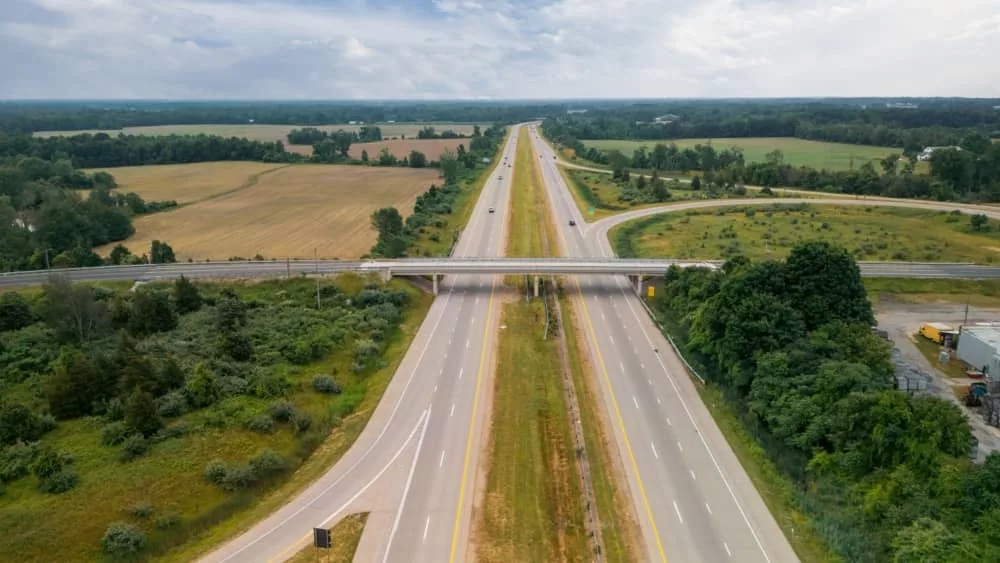 Aerial view of I-196 highway intersection in western Michigan bear South Haven