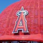 Oversized Angels baseball cap at the entrance to Angel Stadium^ home of Major League Baseball's Los Angeles Angels. ANAHEIM^ CA/USA - OCTOBER 10^ 2015