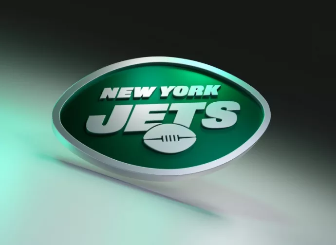 New York Jets logo on dark background with shiny details. 3D render.