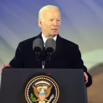 President Joe Biden at the Warsaw Royal Castle Gardens. The speech on the anniversary of the Russian invasion of Ukraine as part of his visit to Poland. Warsaw^ Poland. 21 February 2023