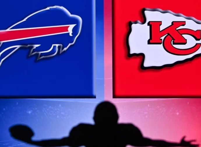 NFL CONFERENCE CHAMPIONSHIP Buffalo Bills vs Kansas City Chiefs. . Silhouette of professional american football player. Logo of NFL club in background