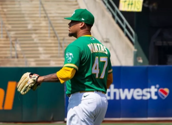 Frankie Montas #47 of the Oakland Athletics pitches against the New York Yankees at RingCentral Coliseum. Oakland^ California - August 28^ 2021