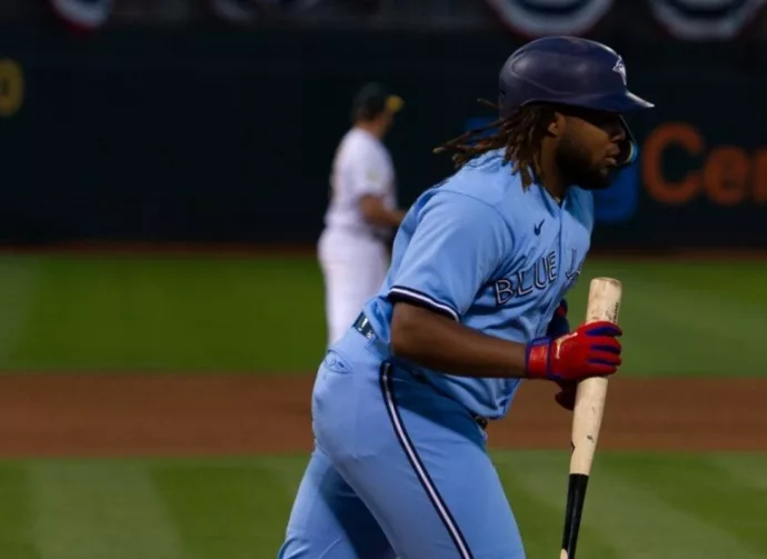 Toronto Blue Jays infielder Vladimir Guerrero Jr. bats against the Oakland Athletics at the Oakland Coliseum. Oakland^ California - July 5^ 2022