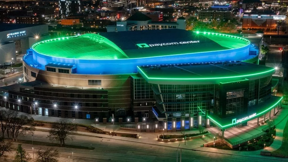 High angle drone view of Paycom Center at night in downtown Oklahoma City. Oklahoma City^ Oklahoma USA - April 14^ 2022