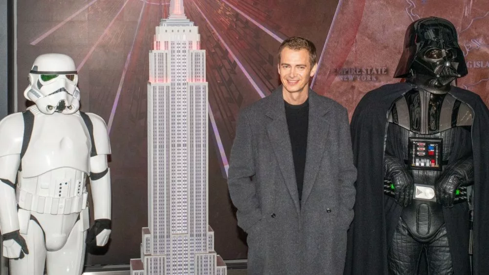 Hayden Christensen attends a Star Wars-themed media event at the Empire State Building on March 21^ 2024.