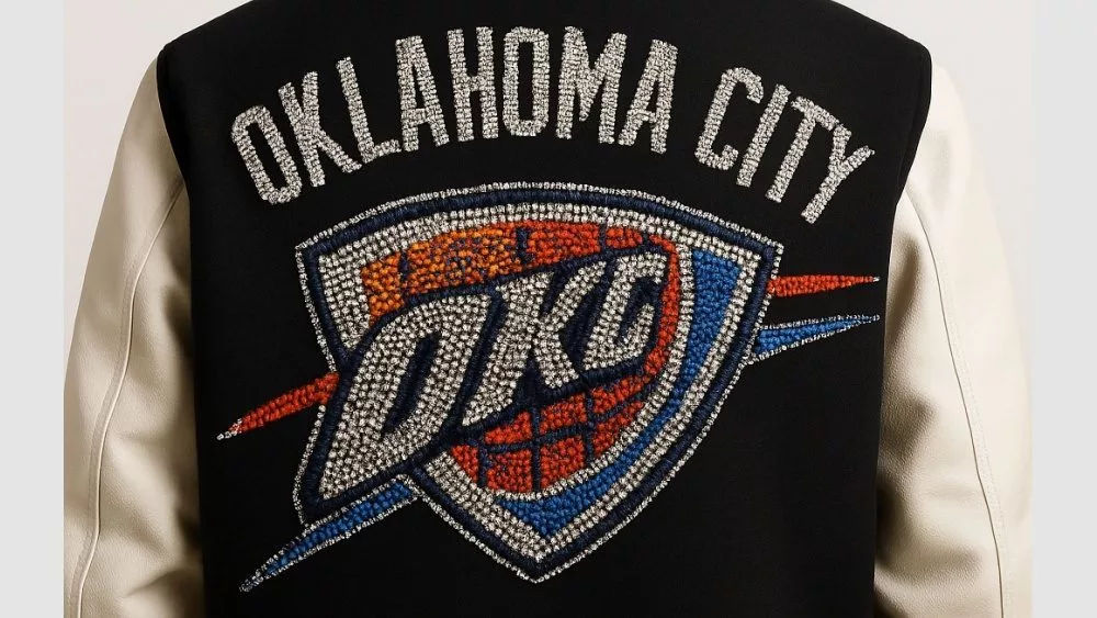OKLAHOMA CITY THUNDER IN ALL RHINESTONES AS PATCH ON BACK OF MENS VARSITY JACKET