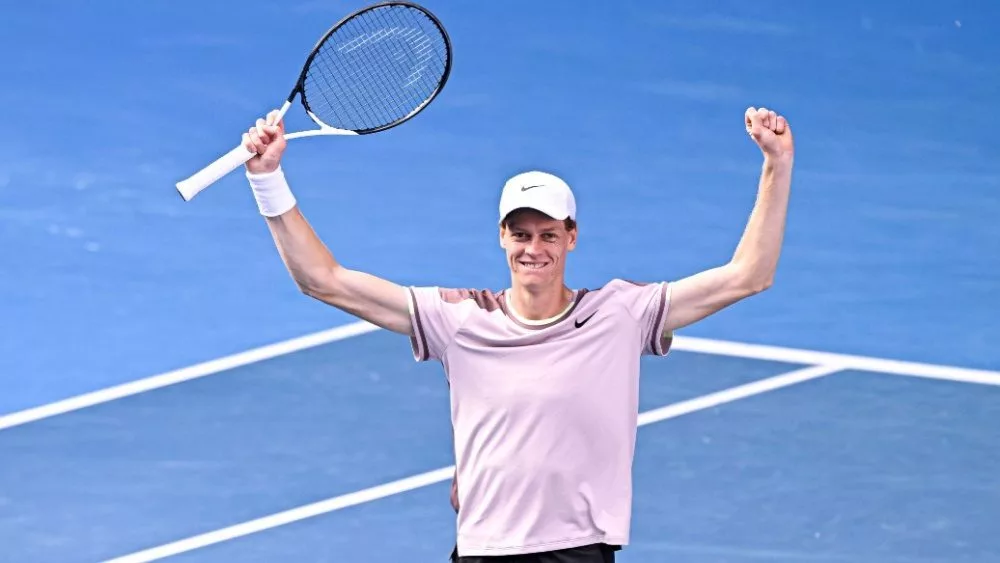 Jannik Sinner of Italy wins over Novak Djokovic of Serbia during the Australian Open AO 2024 Grand Slam tennis tournament on January 26^ 2024 at Melbourne Park in Melbourne^ Australia.