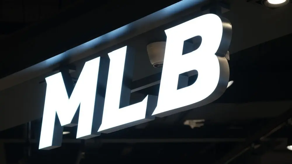MLB (Major League Baseball) brand logo store sign close up