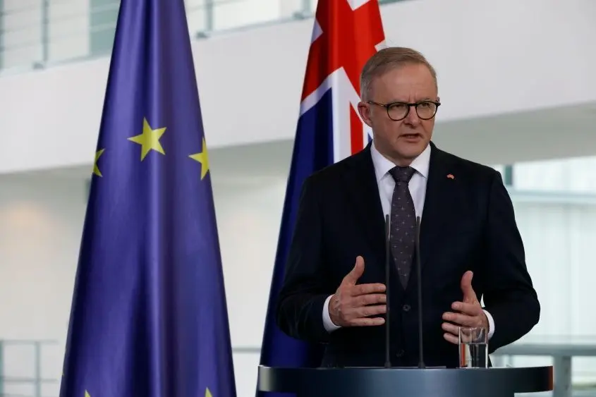 Australian Prime Minister Anthony Albanese is received with military honors by German Chancellor Olaf Scholz at the Federal Chancellery in Berlin.