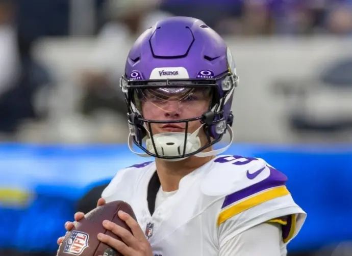 Minnesota Vikings quarterback J.J. McCarthy #9 warms up prior to an NFL football game against the Los Angeles Chargers Oct. 23^ 2025^ in Inglewood^ Calif.