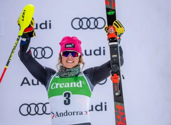 Paula MOLTZAN of USA on the podium during the trophy ceremony in Audi FIS Alpine Ski World Cup 2024 Slalom Discipline Women's on February 10^ 2024 in Soldeu^ Andor