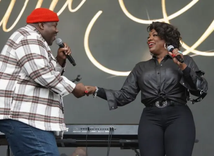 The War and Treaty^ a husband and wife duo consisting of Michael Trotter Jr. and Tanya Trotter^ performs on stage at the 2024 Soundside Music Festival. Bridgeport^ Connecticut - September 29^ 2024