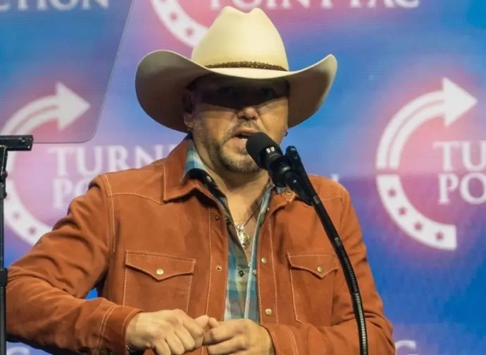 Jason Aldean speaks at a Donald Trump election rally at the Gas South Arena in Duluth^ Georgia. Duluth^ Georgia^ October 23^ 2024