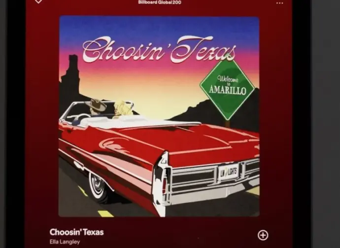Apple iPad displays the Spotify music streaming application^ which is playing the song "Choosin' Texas" by the artist Ella Langley.