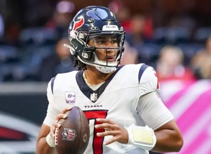 Houston Texans quarterback C.J. Stroud (7) looks to throw the ball during game against the Atlanta Falcons on October 8^ 2023 at Mercedes-Benz Stadium in Atlanta^ Georgia.