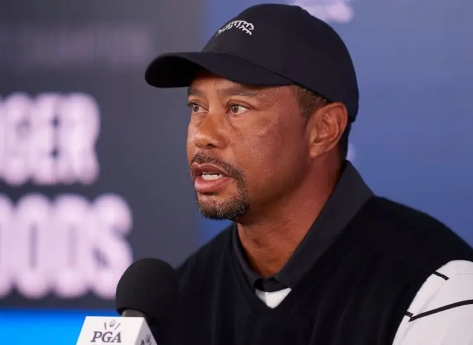 Tiger Woods of United States during press conference prior to the 2024 PGA Championship at Valhalla Golf Club on May 14^ 2024 in Louisville^ Kentucky.