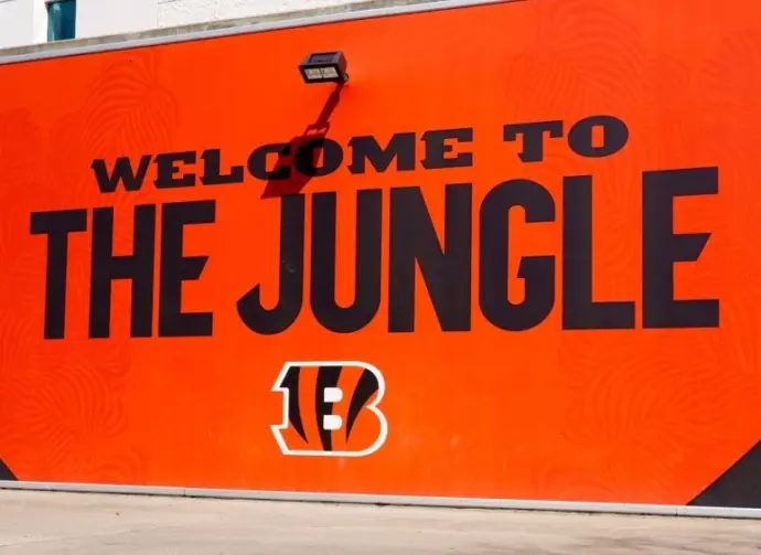 The 65^515 seat Paycor Stadium on the banks of the Ohio River is home to the NFL Cincinnati Bengals Cincinnati^ OH^ USA - March 17^ 2024 'Welcome To the Jungle' sign with'Bengals' logo