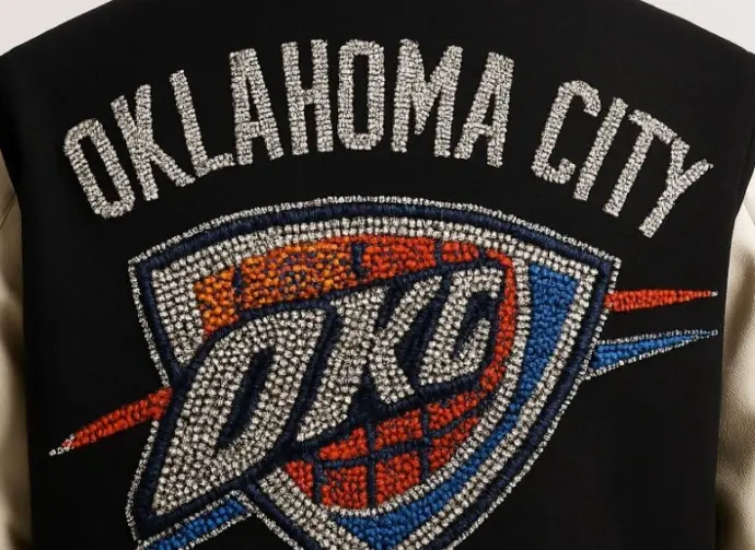 OKLAHOMA CITY THUNDER IN ALL RHINESTONES AS PATCH ON BACK OF MENS VARSITY JACKET AI-generated image / This content was generated by an Artificial Intelligence (AI) system.